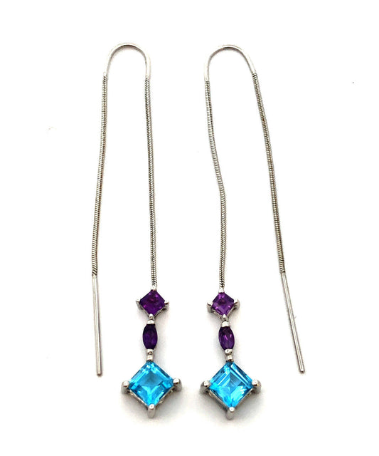 Designer 14K White Gold Blue Topaz and Amethyst Dangle Threader Earrings