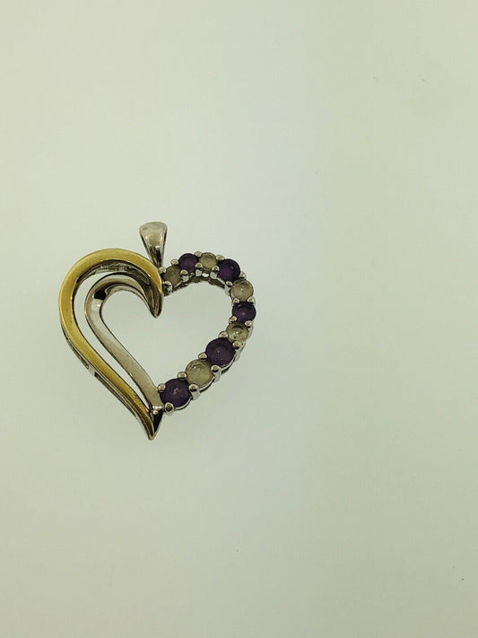 10K Yellow Gold Sterling Silver 925 Amethyst White Topaz Heart Pendant S174