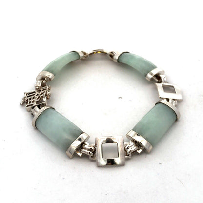Designer G&K 925 Sterling Silver Light Green Jade Chinese Modernist Bracelet