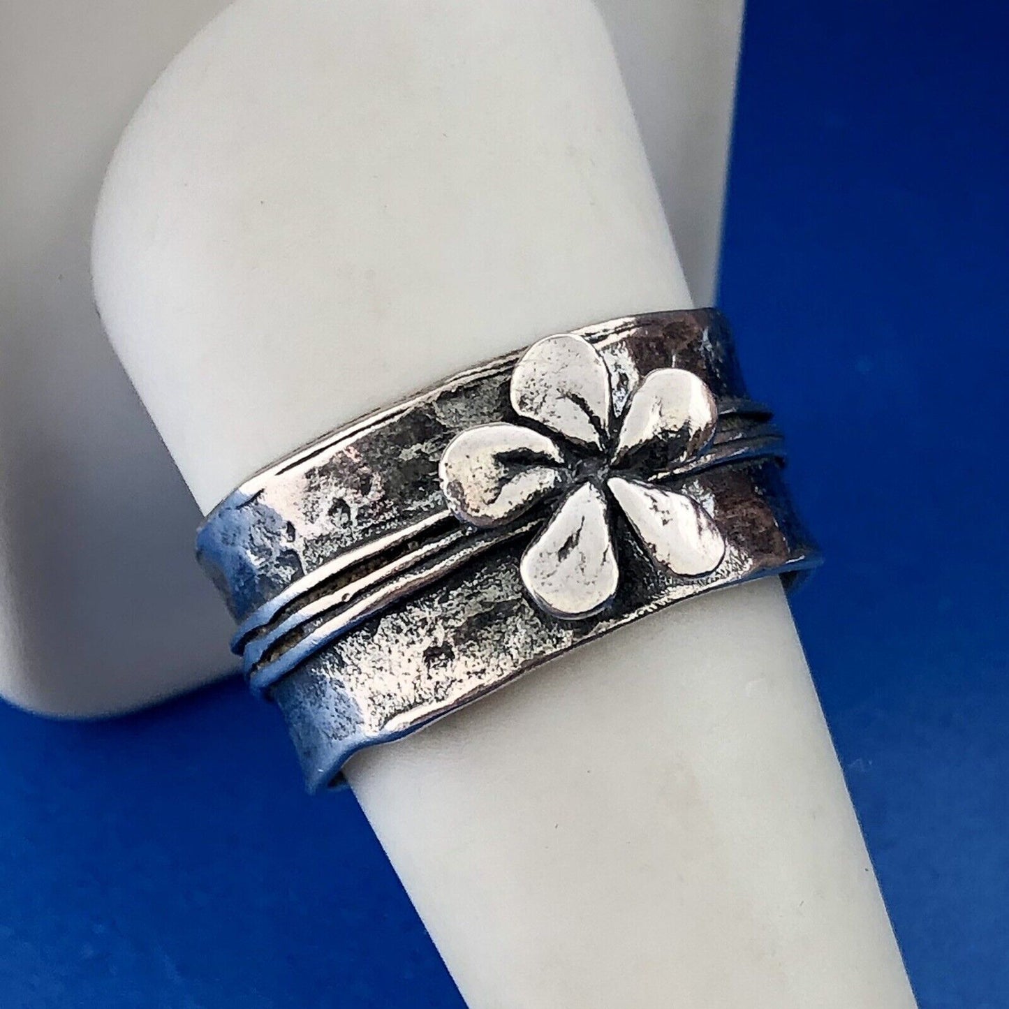 Vintage 925 Sterling Silver Daisy Peony Flower Wide Cigar Band Ring