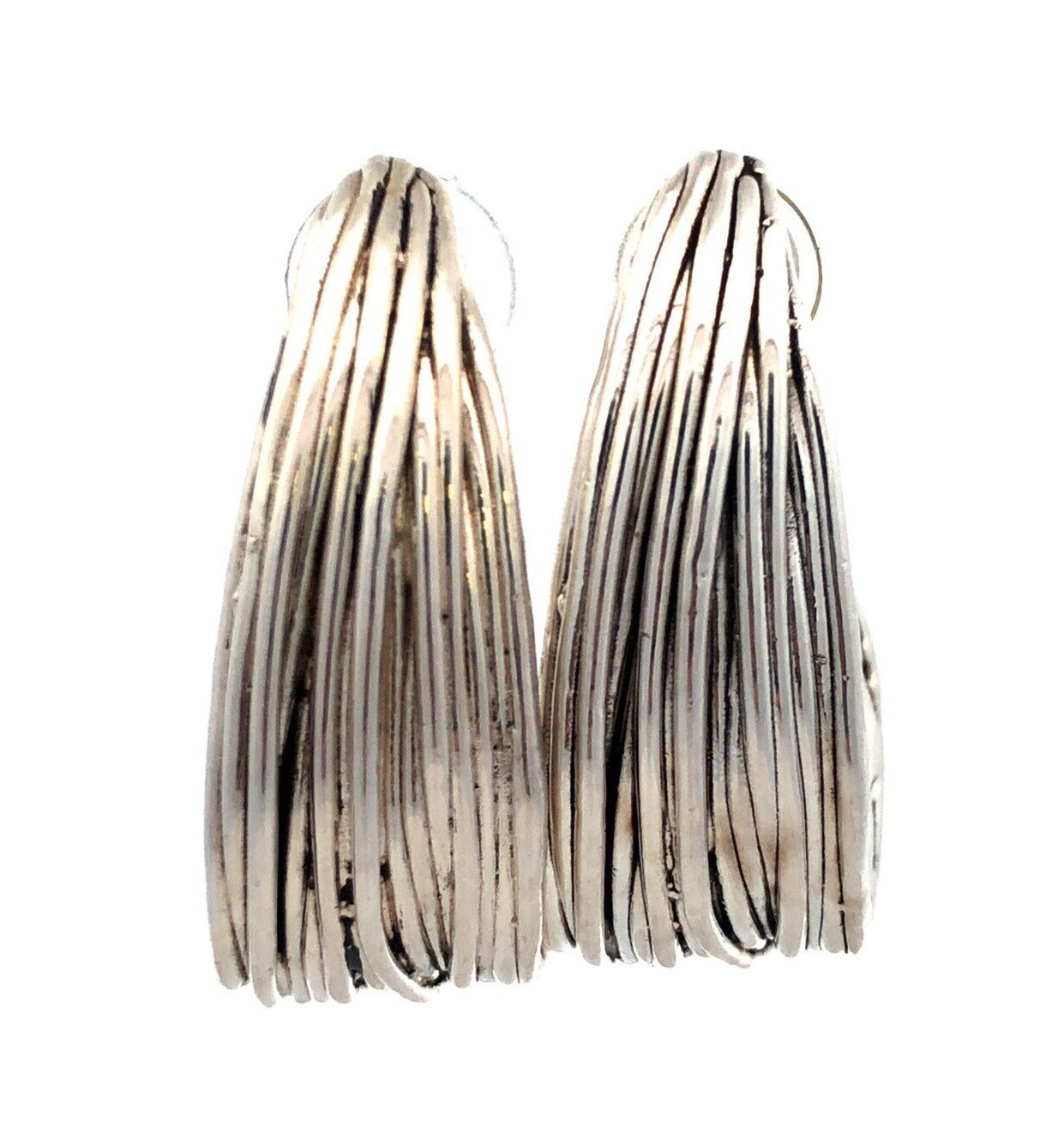 Estate Sterling Silver Textured Ribbed Modernist Drop Dangle Half Hoop Earrings