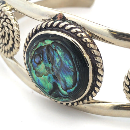 Vintage Mexico Alpaca 925 Sterling Silver Round Abalone Filigree Cuff Bracelet