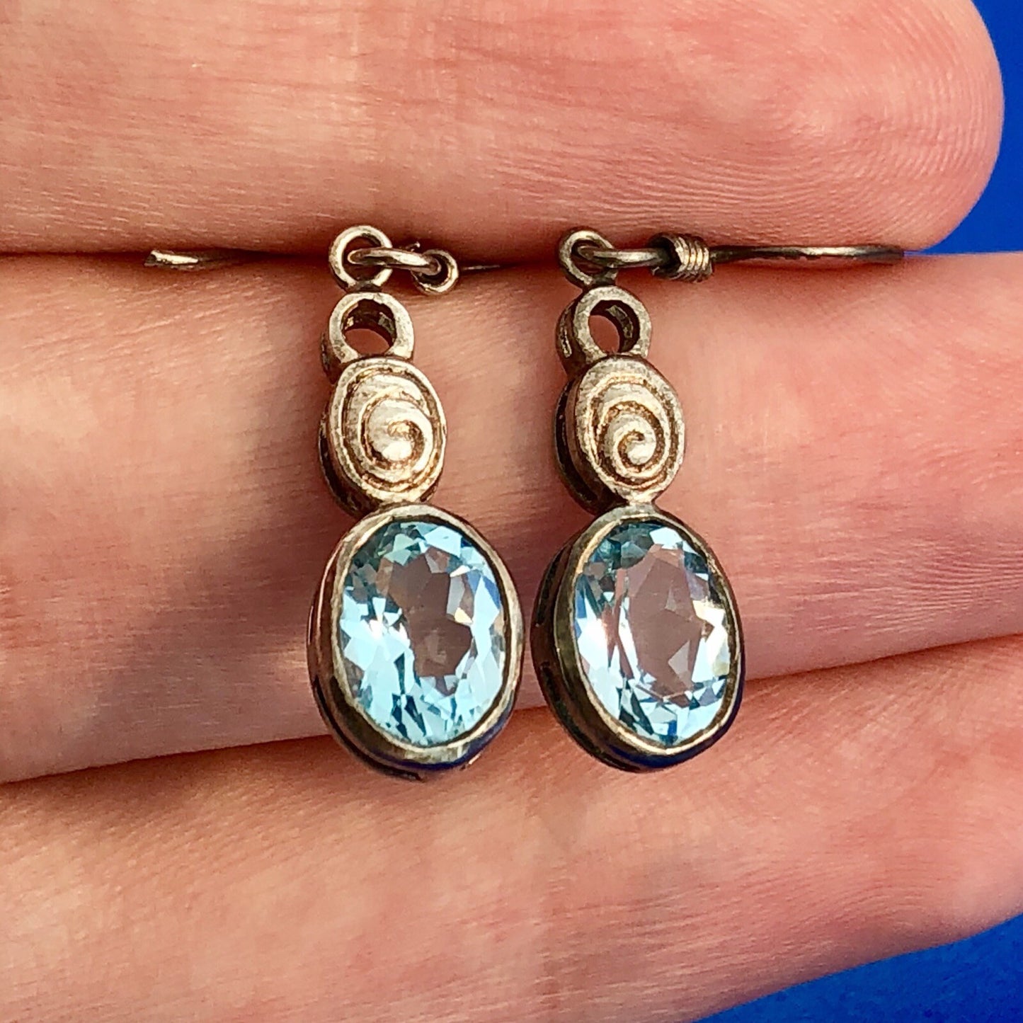 Vintage 925 Sterling Silver Oval Blue Topaz November Anniversary Dangle Earrings