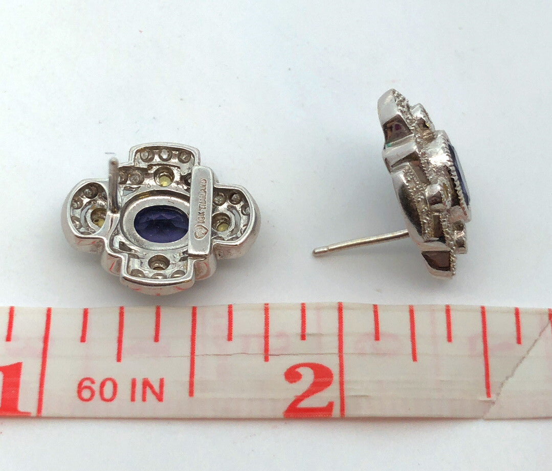 Designer 10K White Gold Oval Tanzanite Yellow Topaz Diamond Stud Earrings