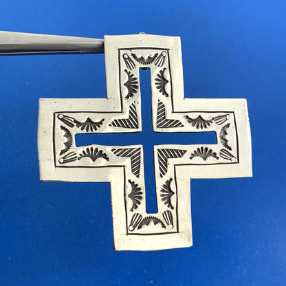Native American Unsigned Sterling Silver Concho Cutout Statement Cross Pendant