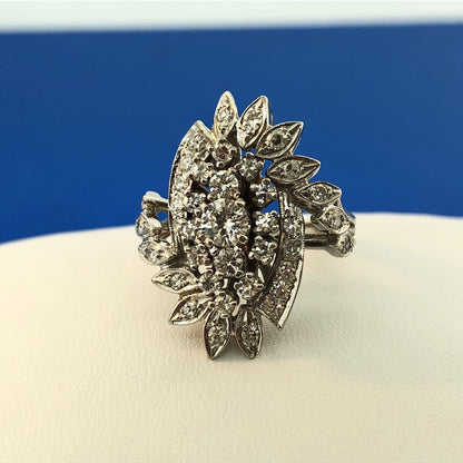Estate 14K White Gold Diamond Feather Flower Cluster Statement Anniversary Ring