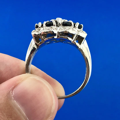 Designer AJ Sterling Silver Sapphire Diamond Floral Cluster September Anniv Ring