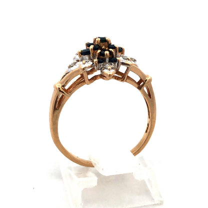 Vintage 10K Yellow Gold Sapphire Diamond Flower Waterfall Cluster Cocktail Ring