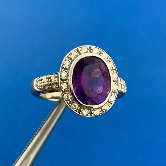 Gorgeous 14k White Gold Oval Purple Amethyst Diamond Halo Accent Ring Size 4.75