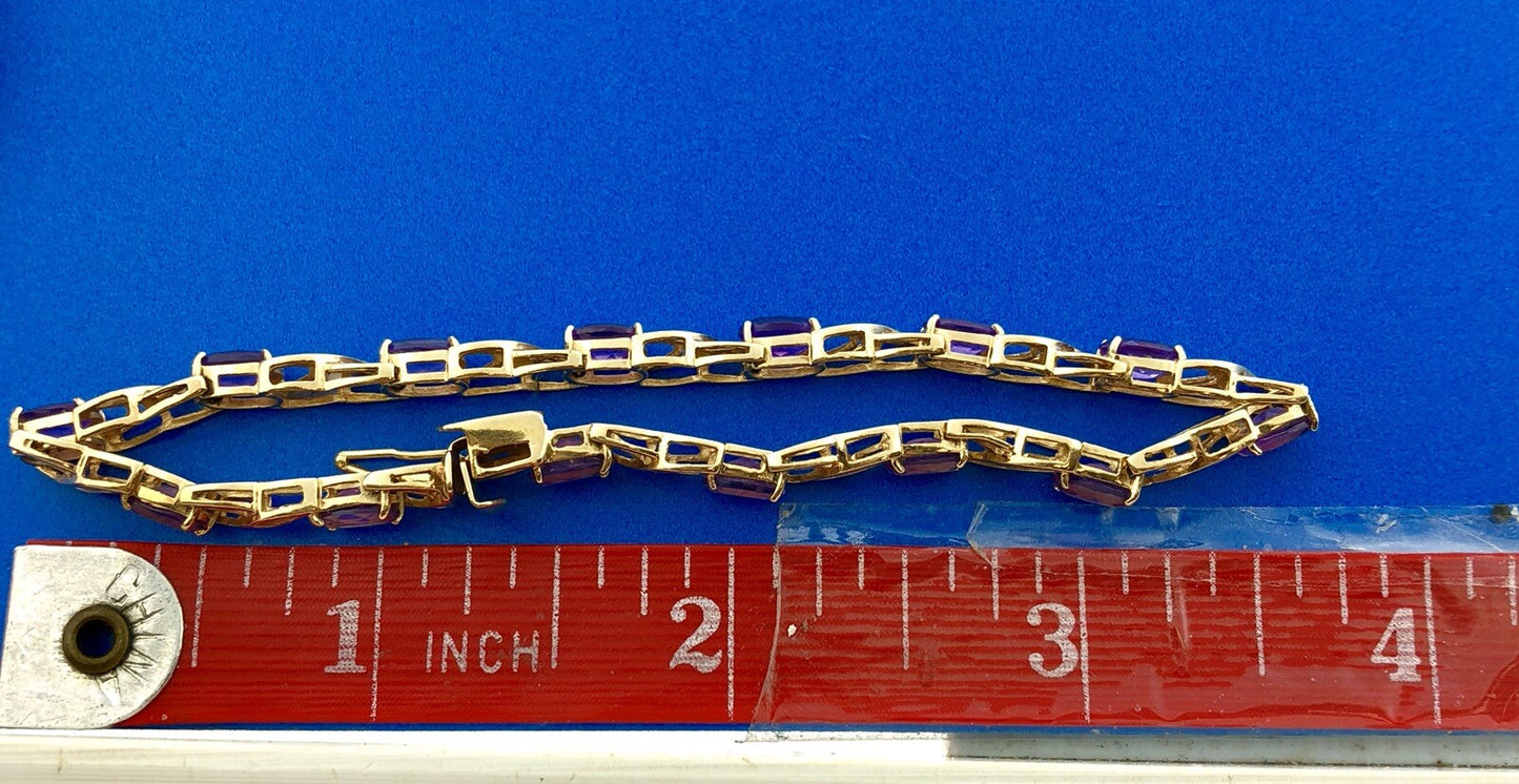 14K Solid Yellow Gold Oval Cut Amethyst X and O Design Tennis Bracelet