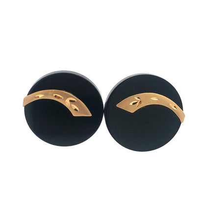 Retro 10K Yellow Gold Leaf Etched Black Resin Modernist Statement Stud Earrings