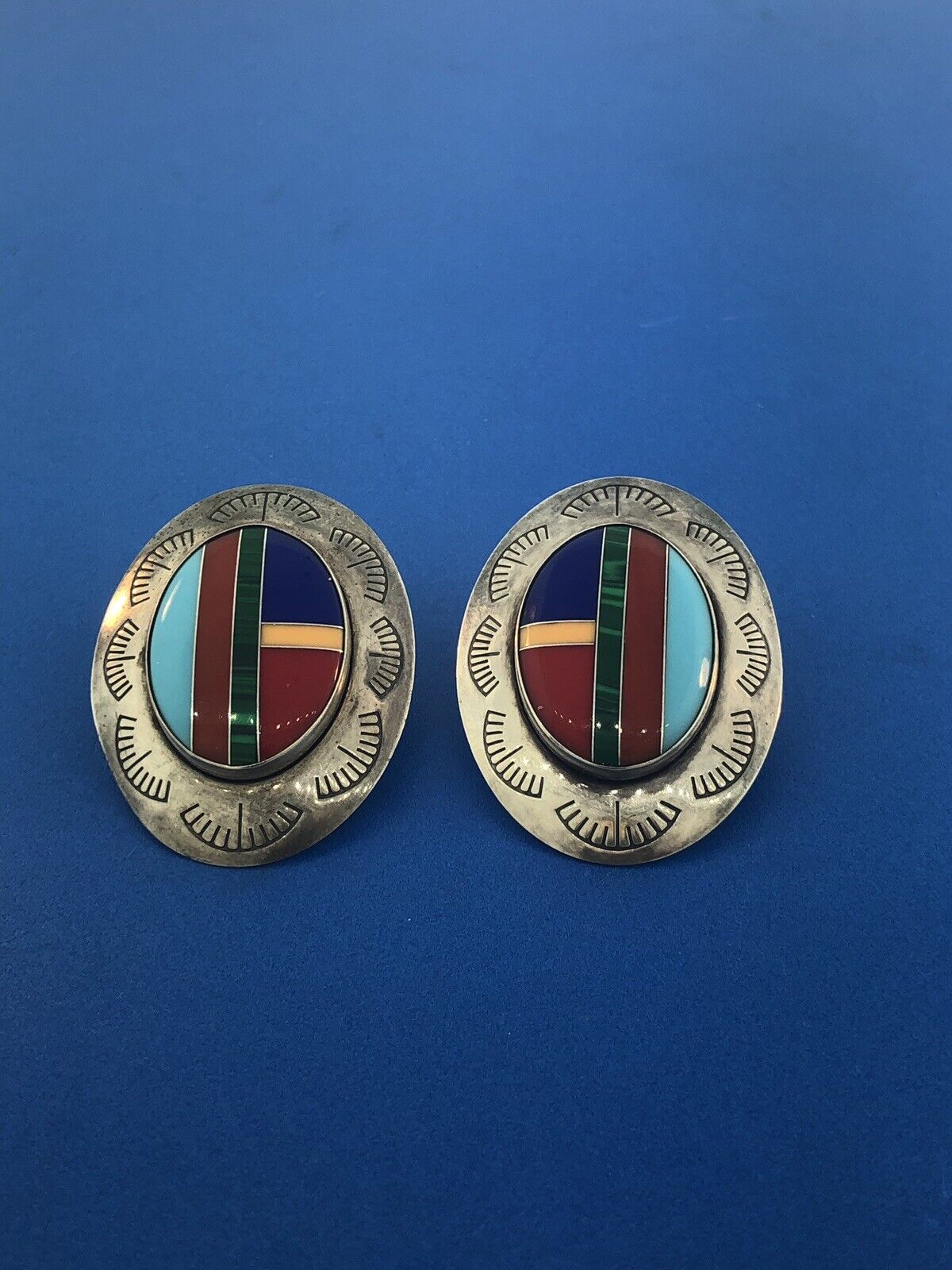 Native American Artisan Sterling Silver Turquoise MultiGem Inlay Concho Earrings