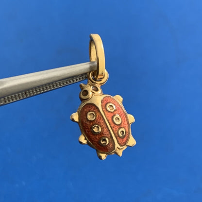 14K Yellow Gold Red Enamel Lady Bug Insect Charm Pendant