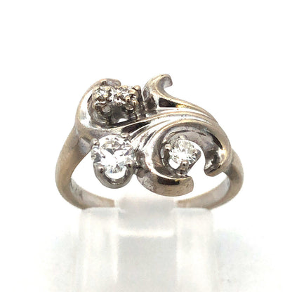 Art Deco 14K White Gold Diamond Fleur De Lis Flower Cluster Cocktail Ring