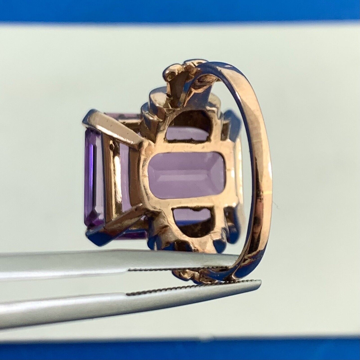 Estate Emerald Cut Amethyst Ruby Accents 14K Rose Gold Statement Cocktail Ring