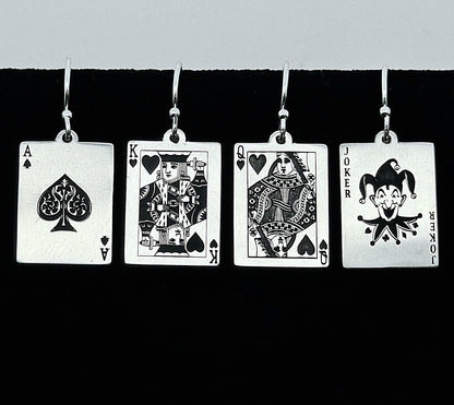 Custom Artisan Sterling Silver 925 Poker Playing Card Drop Dangle Earrings
