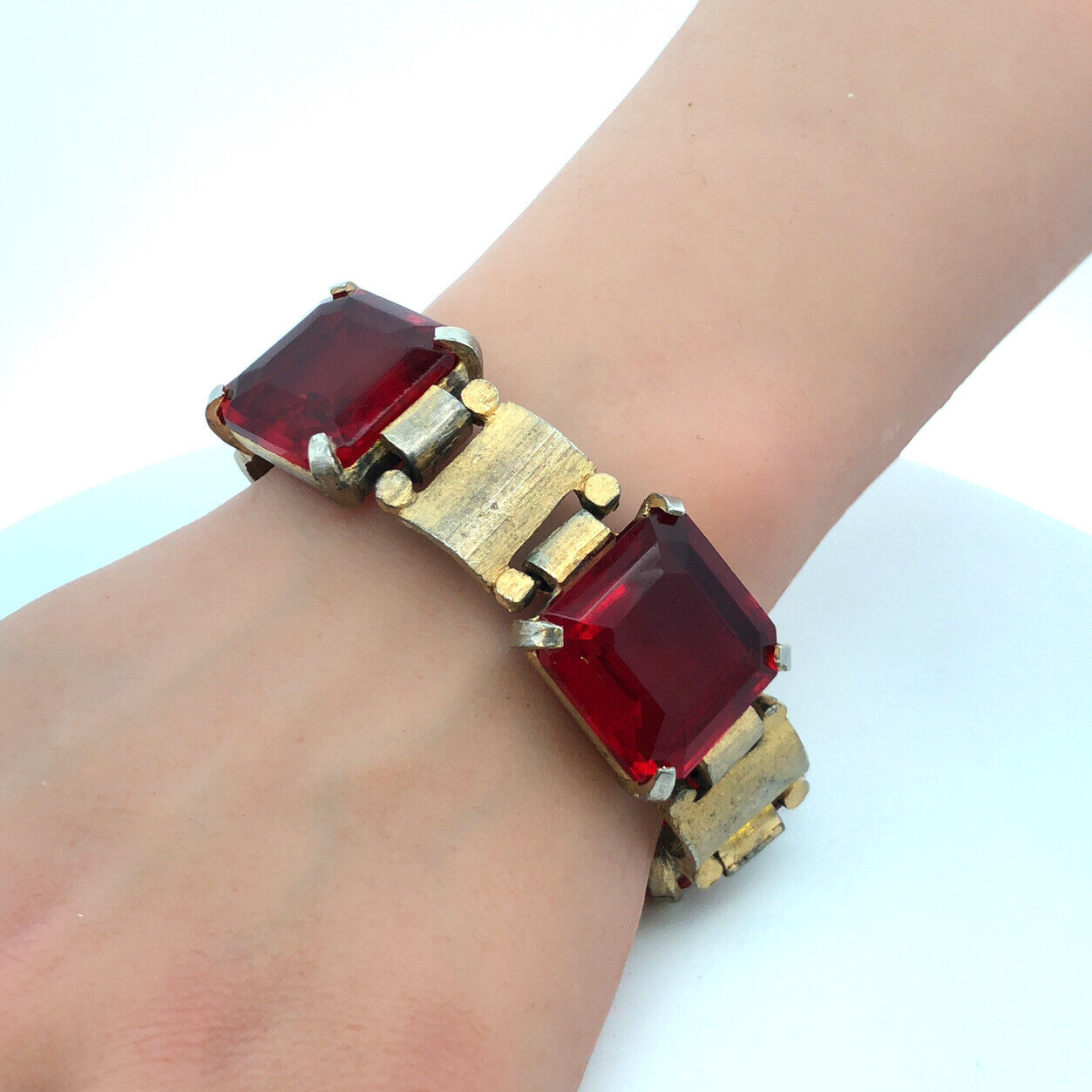 Chunky Funky 70's Runway Couture Gold Tone Square Red Glass Modernist Bracelet