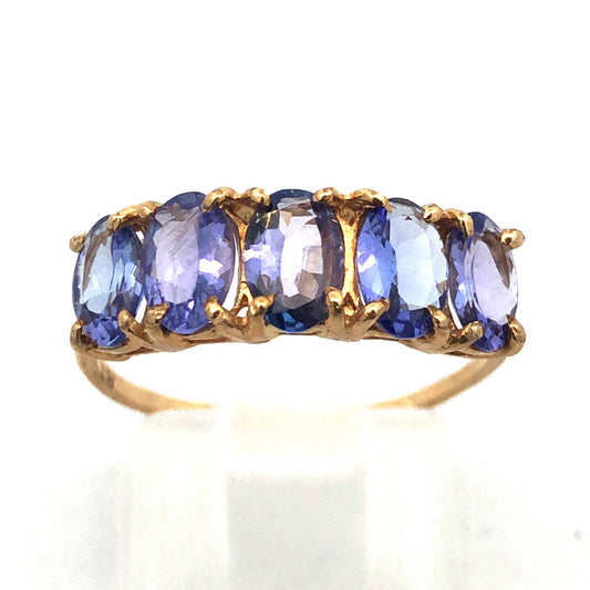 Designer 10K Yellow Gold Oval Tanzanite Wedding 5 Stone Cocktail Ring