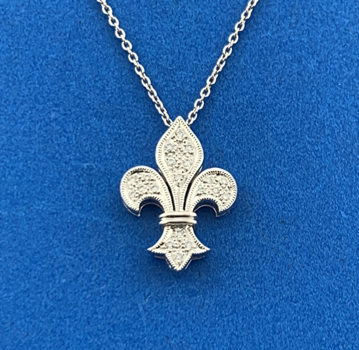 Designer BK 18k White Gold Round Cut Diamond Fleur De Lis 16.5" Chain Necklace