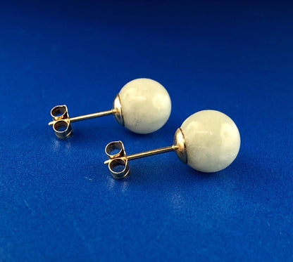 Designer 14K Yellow Gold Jade Jadeite Bead Ball Stud Earrings