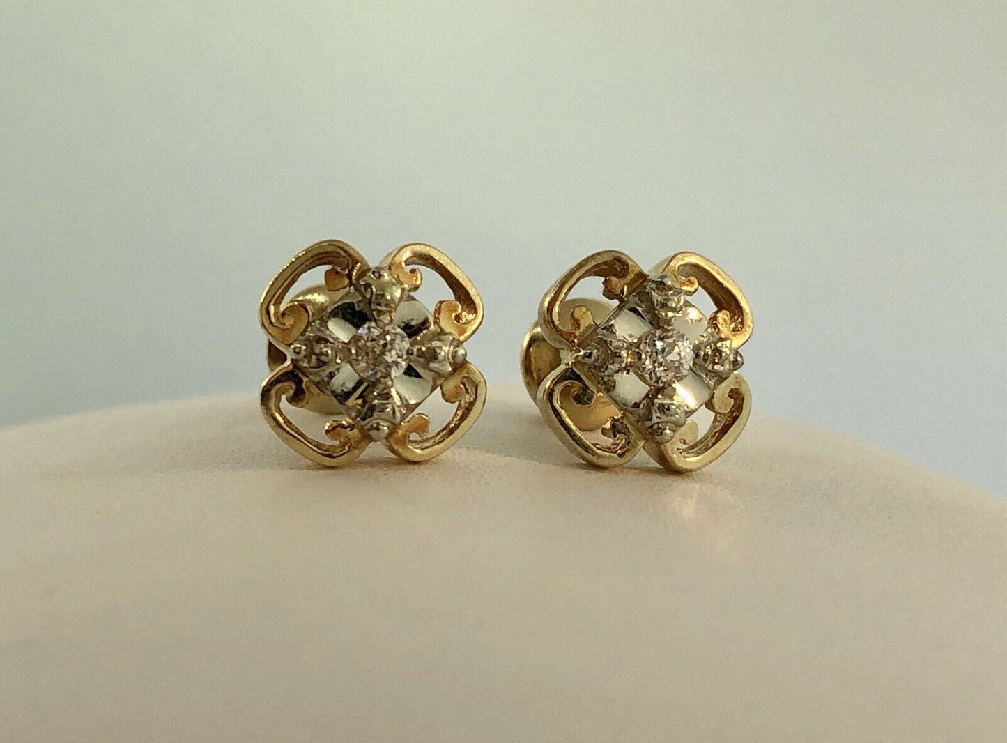 Art Deco 14K Yellow White Gold Diamond Quatrefoil Screw Back Stud Earrings