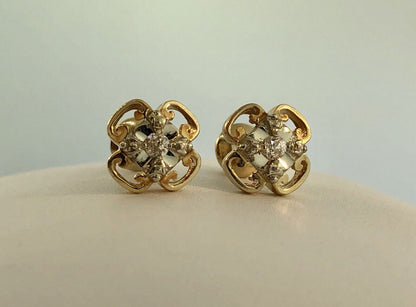 Art Deco 14K Yellow White Gold Diamond Quatrefoil Screw Back Stud Earrings