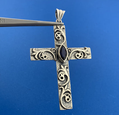 Designer PSCL 925 Sterling Silver Marquise Blue Spinel Statement Cross Pendant