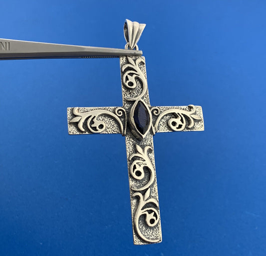 Designer PSCL 925 Sterling Silver Marquise Blue Spinel Statement Cross Pendant