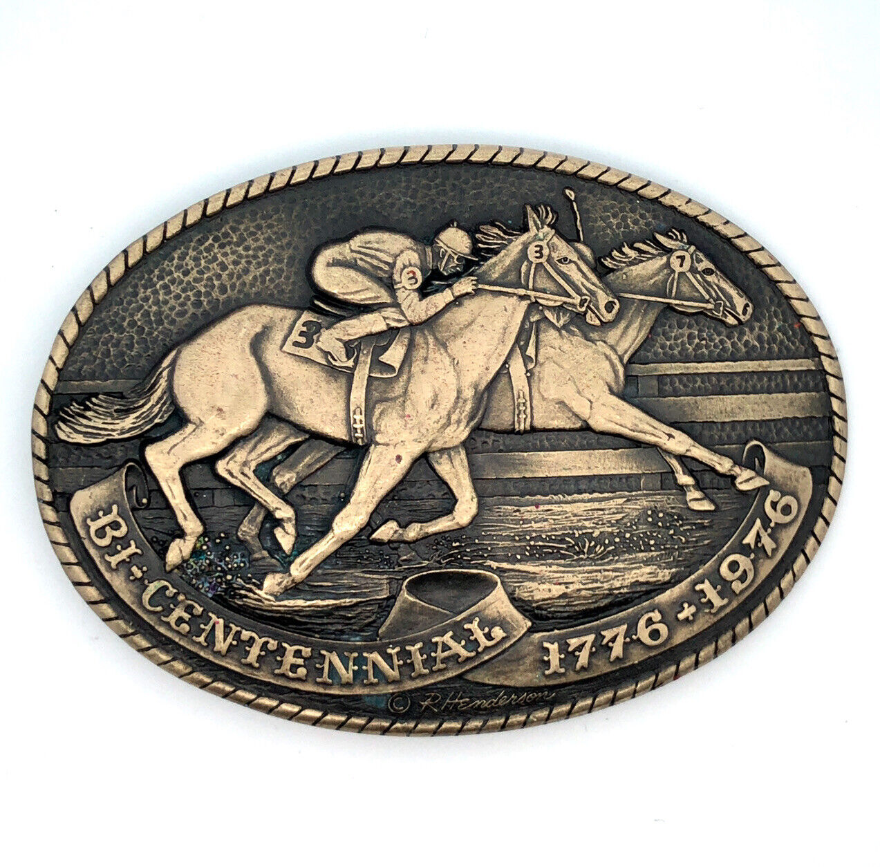 1976 Tony Lama Bicentennial Quarter Horse Racing Oval Brass Belt Buckle