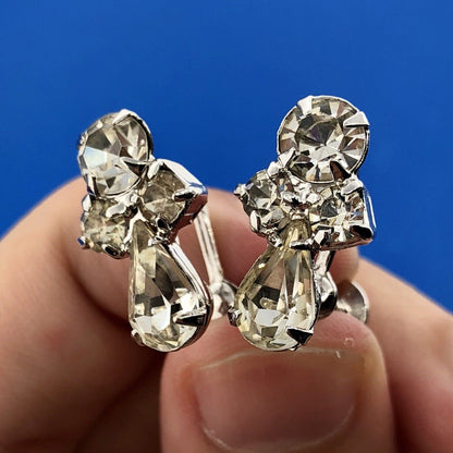 Estate Silver Tone Crystal Rhinestone Bridal Wedding Screw Back Earrings