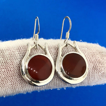 Stunning Sterling Silver 925 Cabochon Amber Circular Dangle Hook Earrings