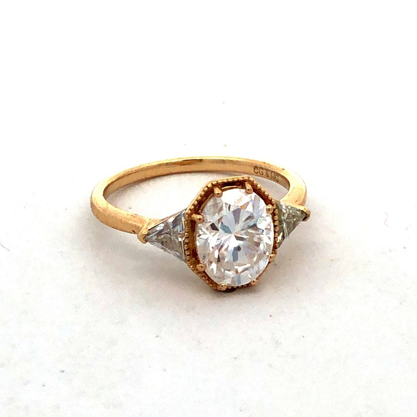 Designer CG&MG 18K Yellow Gold Oval Moissanite Trillion Accent Engagement Ring