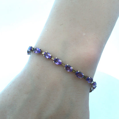 Vintage 10K Oval Amethyst Panel Bar Link February Anniversary Tennis Bracelet