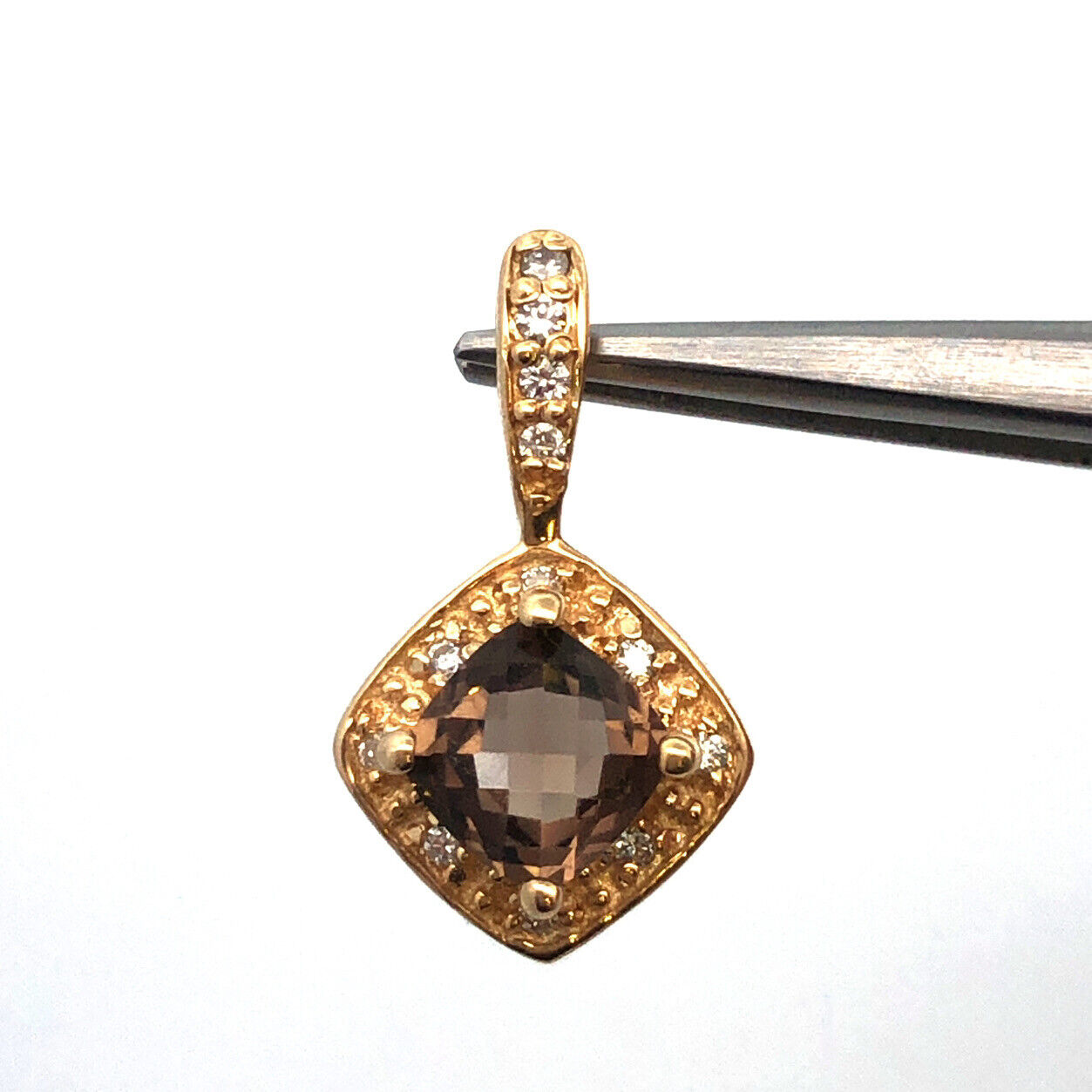 Designer  14K Yellow Gold Cushion Cut Smokey Quartz Diamond Accents Pendant