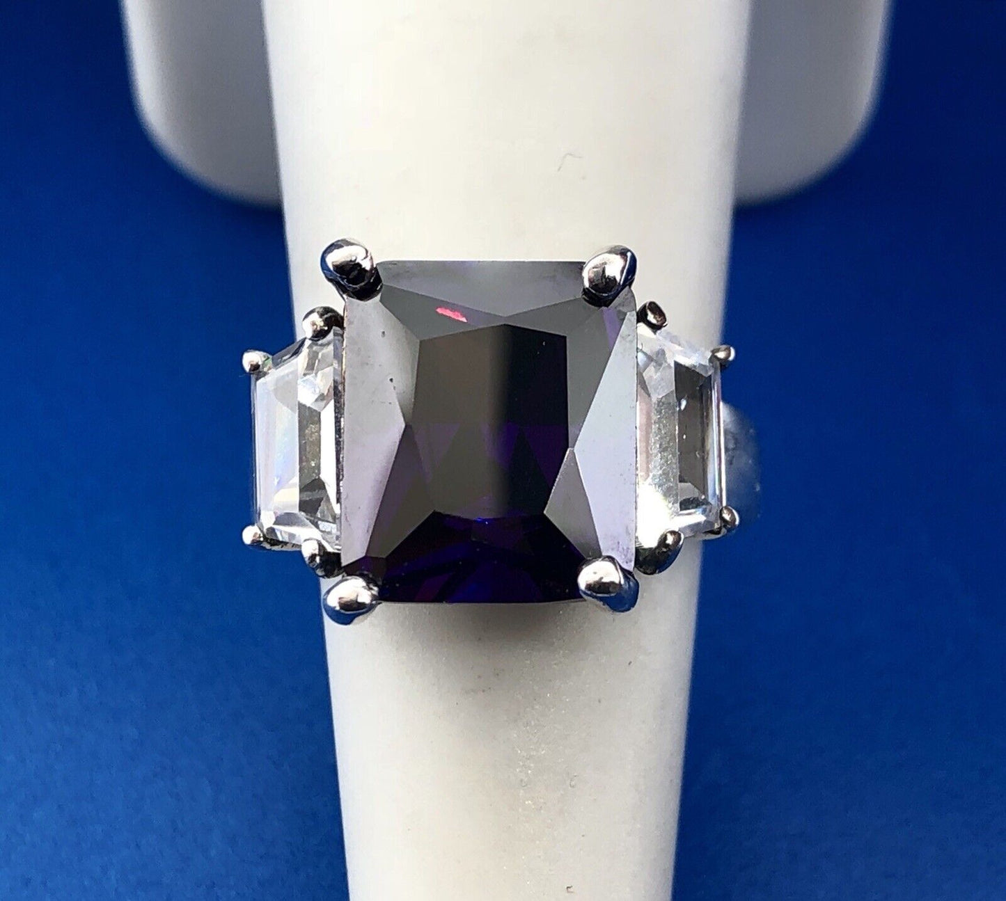 Dramatic Sterling Silver 925 Purple White CZ Statement Fashion Cocktail Ring