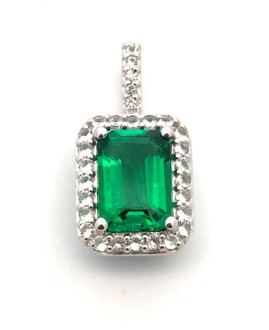 Designer A 10K White Gold Green Emerald Cut Emerald White Sapphire Halo Pendant