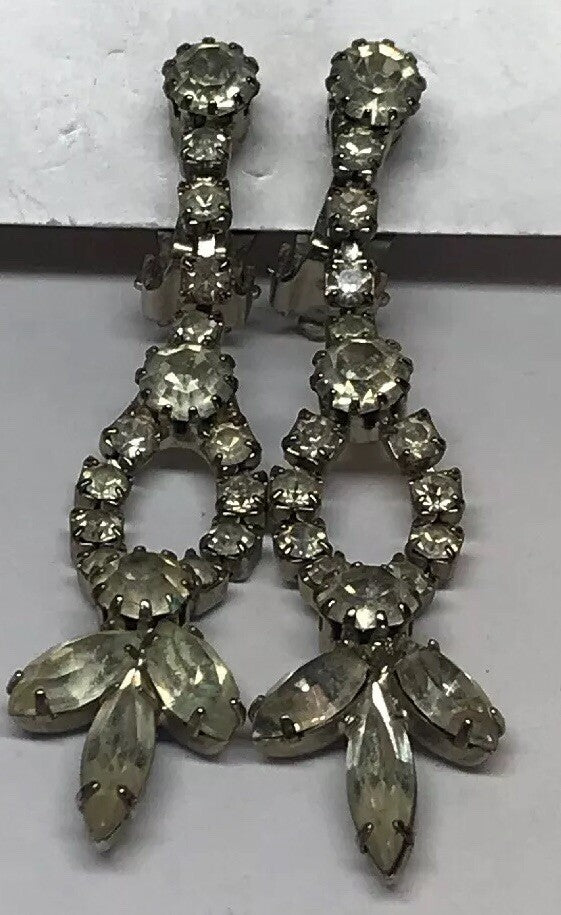 Vintage Art Deco Crystal Rhinestone Chandelier Statement Dangle Clip On Earrings