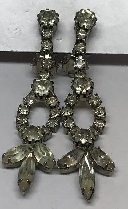 Vintage Art Deco Crystal Rhinestone Chandelier Statement Dangle Clip On Earrings