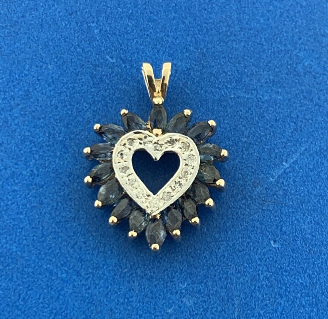 Designer 10k Yellow Gold Marquise Blue Sapphire Diamond Accent Heart Pendant