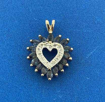 Designer 10k Yellow Gold Marquise Blue Sapphire Diamond Accent Heart Pendant