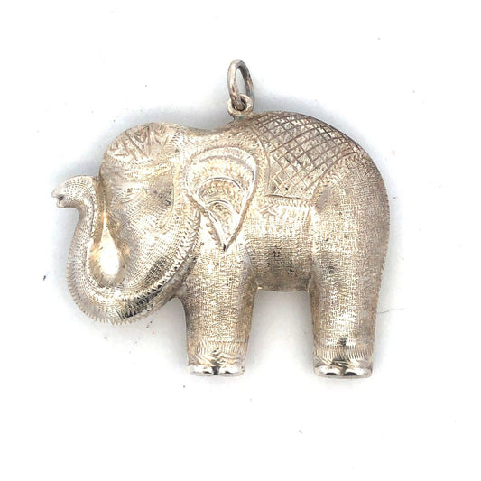 Vintage 925 Sterling Silver Textured Detailed Festival Temple Elephant Pendant