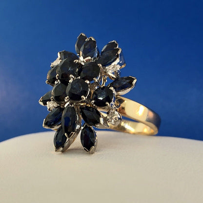 Estate 1982 14K Yellow Gold Sapphire Diamond Waterfall Cluster Statement Ring