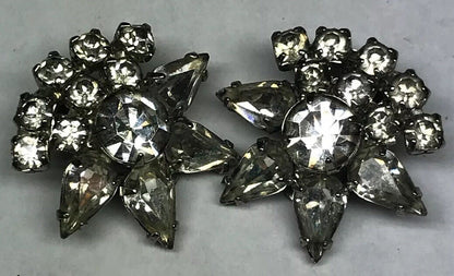 Vintage Art Deco Crystal Rhinestone Flower Cluster Bridal Cocktail Clip Earrings