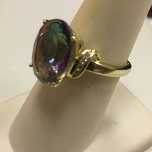 Stunning TJC 14K Yellow Gold Mystic Topaz Diamond Ring Size 6.75