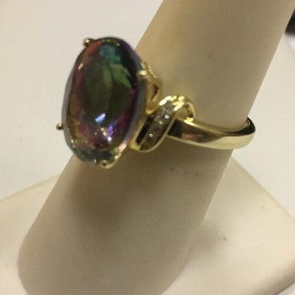 Stunning TJC 14K Yellow Gold Mystic Topaz Diamond Ring Size 6.75