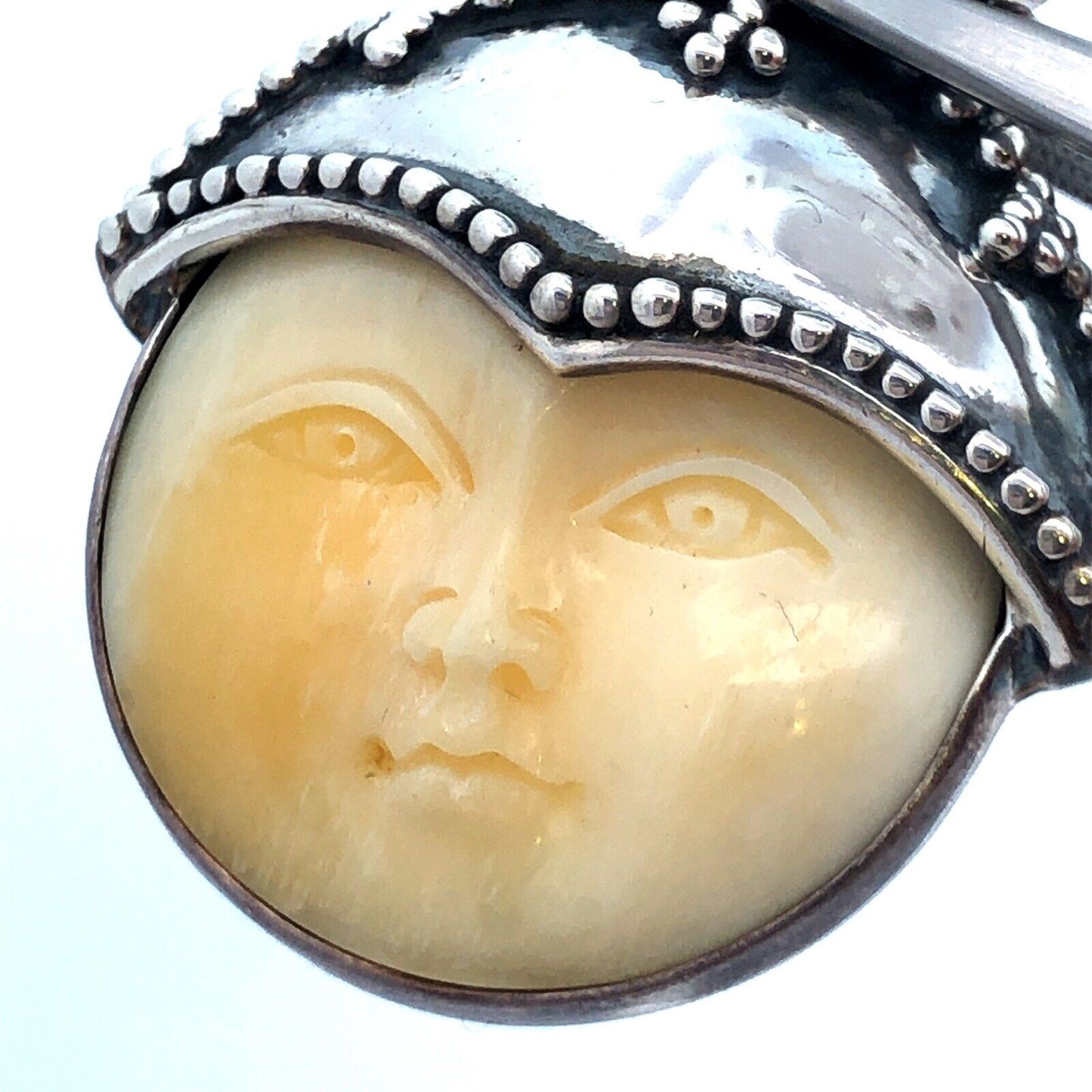 925 Sterling Silver Opal Pearl Carved Resin Moon Face Statement Pendant