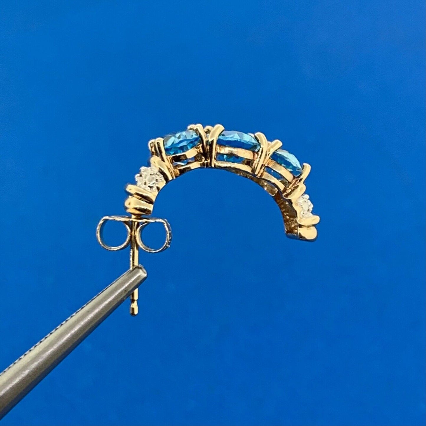 Designer 10K Yellow Gold Oval Blue Topaz Diamond Accented Half Hoop Earrings