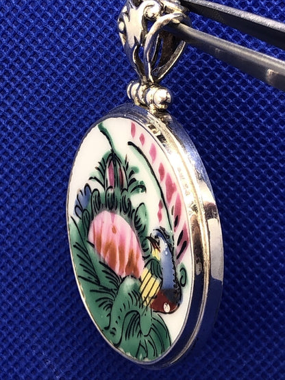 Designer Japanese 925 Sterling Silver Round Porcelain Hand Painted Pendant
