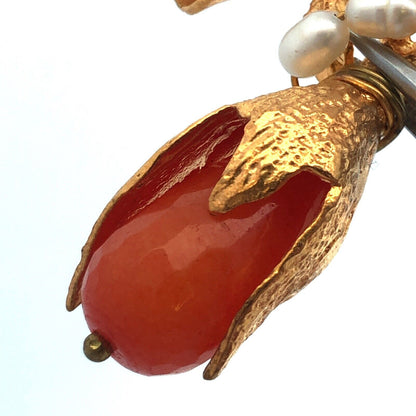 Estate Gold Tone Peach Quartz Rice Pearl Leaf & Vine Statement Drop Earrings