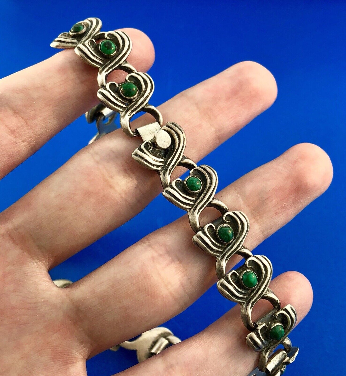 Mid Century Taxco Mexico 925 Sterling Silver Malachite Scroll Panel Necklace